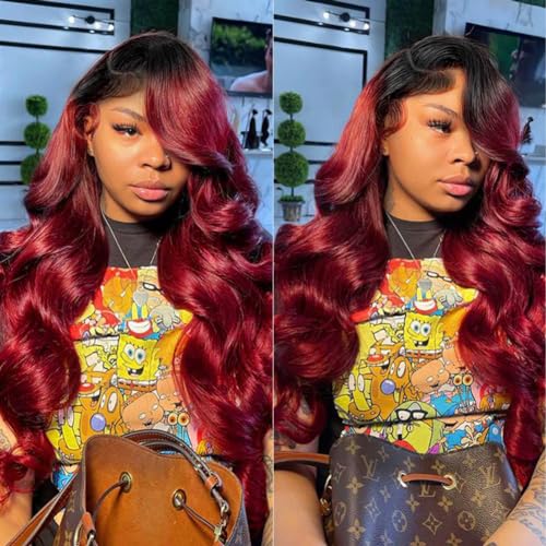 AMIRTY 200 Density 13x6 Burgundy Lace Front Wigs Human Hair Pre Plucked 13x6 HD Transparent 1B/99J Lace Front Wigs Human Hair dark cherry Red Wig Human Hair for Women Glueless Wig 18Inch